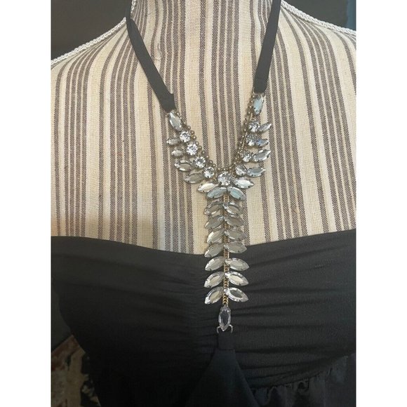 Club Halter Top Black Blouse Spaghetti Embellished Rhinestone Party Vintage - Picture 2 of 9